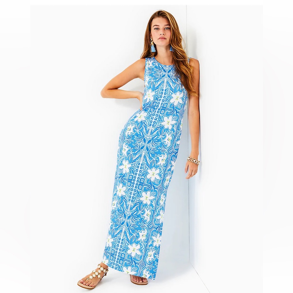Lilly Pulitzer Noelle Maxi Dress in Lunar Blue My Flutter Half New Size Large